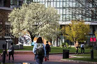 student walking on centennial common at Northeastern